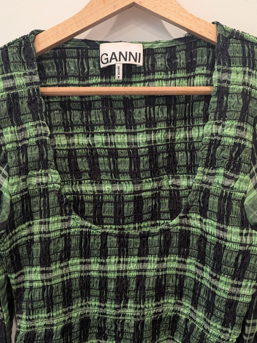 Ganni Green Black Plaid Smocked Maxi Dress Size 34 Cotton Europe Summer Long - Picture 4 of 10